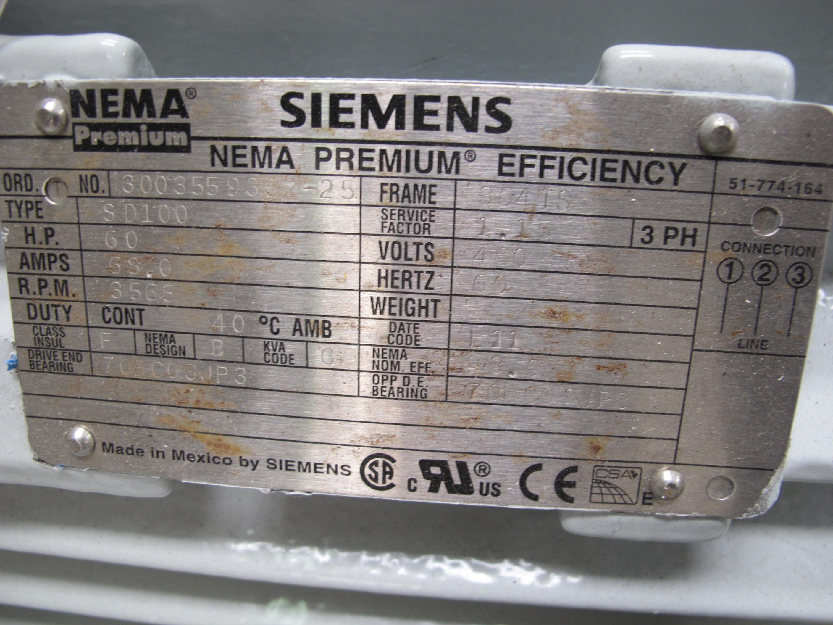 MOTOR, ELECTRIC TYPE, 60 HORSEPOWER, 460VAC ELEC RATING, 3560 RPM, 365TS FRAME, TYPE RGZ, FLA 67 AMPS, TEFC ENCLOSURE, CONTINUOUS DUTY, 1.15 SERVICE FACTOR, CLASS F INS. NEMA CODE G, NEMA DESIGN B, MAIN TB F1, AUX F2. HEATERS 120W @ 460 VAC, TWO EA. 60W @240 VAC SERIES ELEMENTS CONNECTED, ONE MOUNTED IN EACH END BELL, LEADS TERMINATE IN AUX-TB (W-44) LOADING & HANDLING FEE $15-